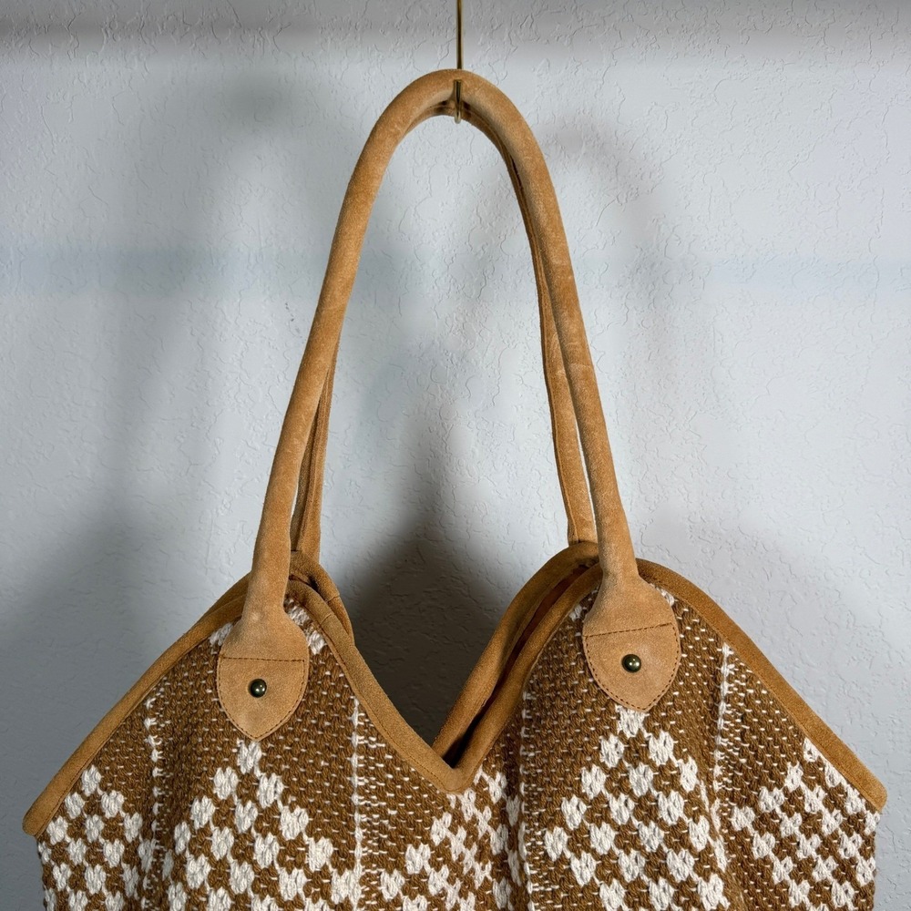 Panache Apparel Tan Woven Geometric Diamond Pattern Tote Shoulder Bag Boho - Picture 3 of 7